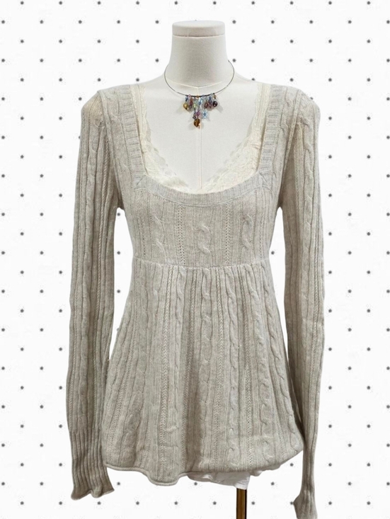 Abercrombie & Fitch Sweaters - Abercrombie vintage cream grey cable knit square neck sweater babydoll top
